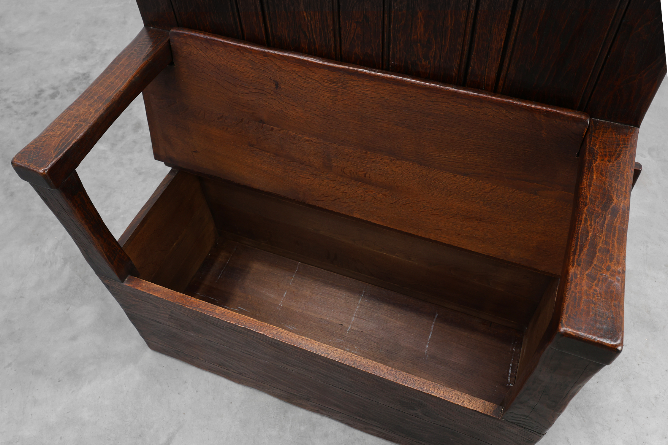 Rustic solid oak carved bench with storage compartment, France 19th centurythumbnail